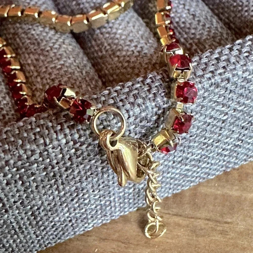 Red Garnet CZ 18K Gold Stainless Steel Tennis Bracelet January Birthstone - Picture 4 of 7